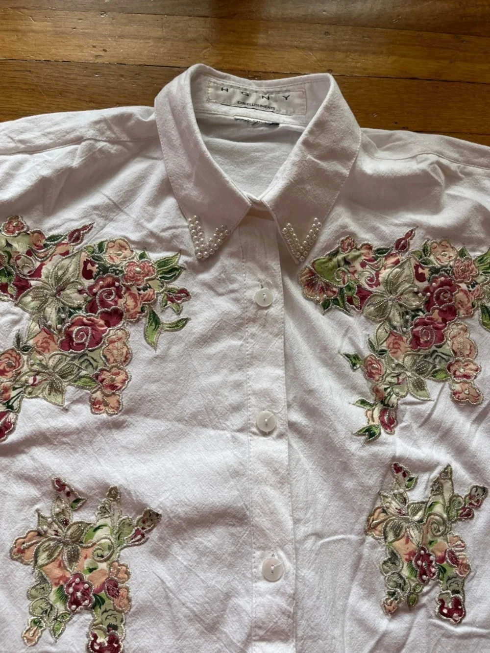 Vintage costal cowgirl button down shirt blouse pearls floral embellished beaded
